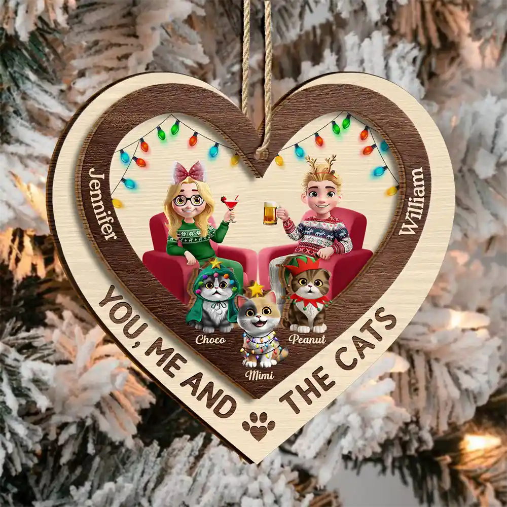 Heart You Me And The Cat - Personalized 2-Layered Wooden Ornament - Image 3
