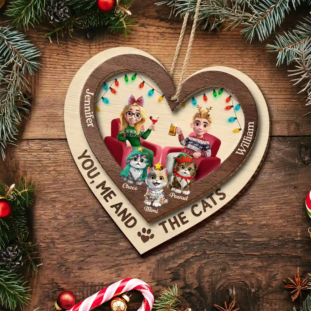 Heart You Me And The Cat - Personalized 2-Layered Wooden Ornament - Image 4