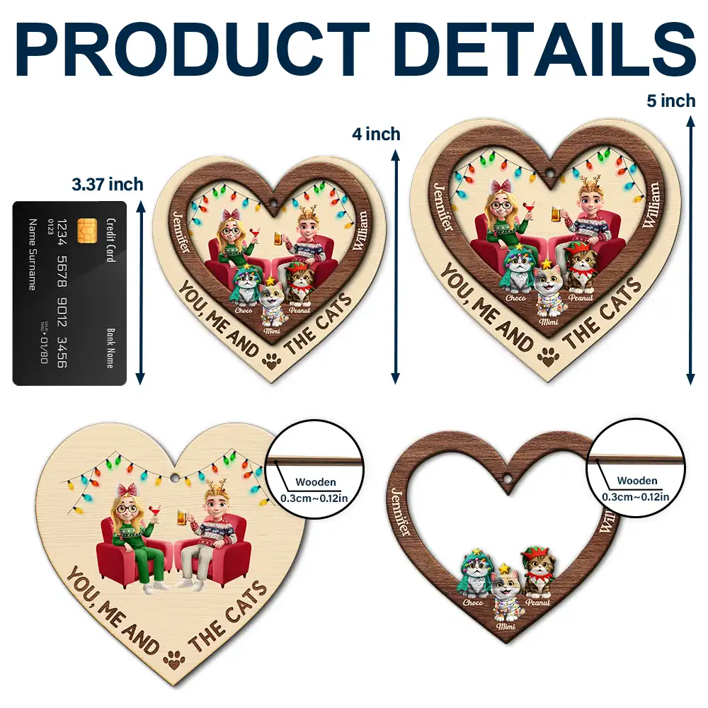 Heart You Me And The Cat - Personalized 2-Layered Wooden Ornament - Image 5
