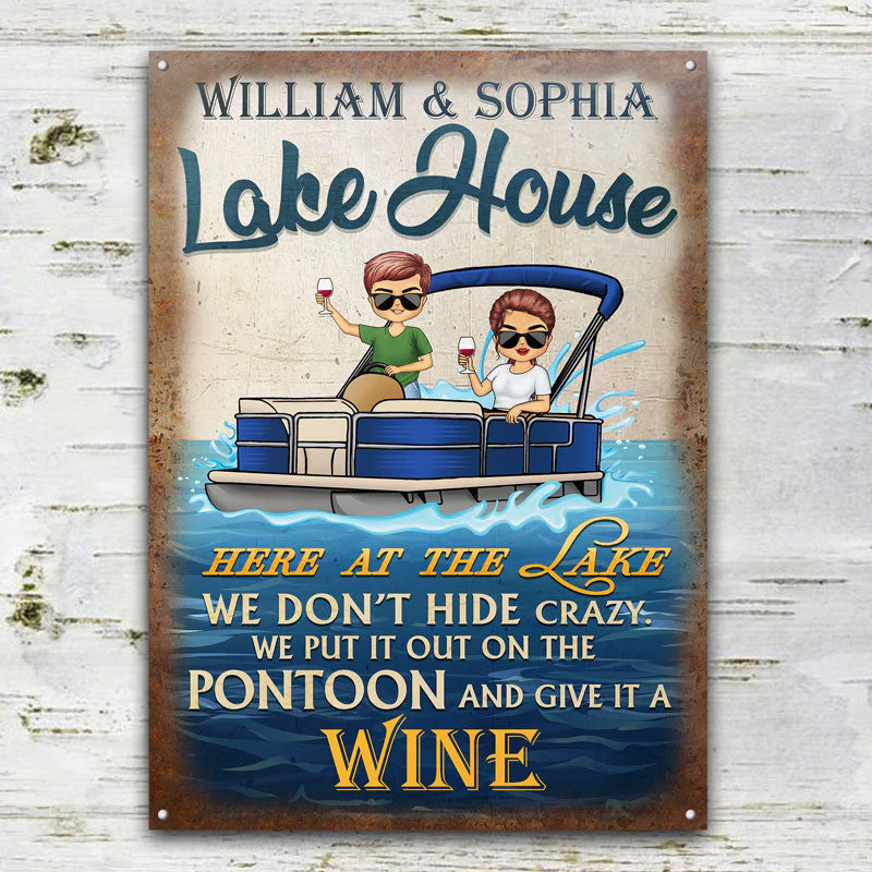 Here At The Lake Pontoon Husband Wife - Couple Gift - Personalized Custom Classic Metal Signs - Image 2