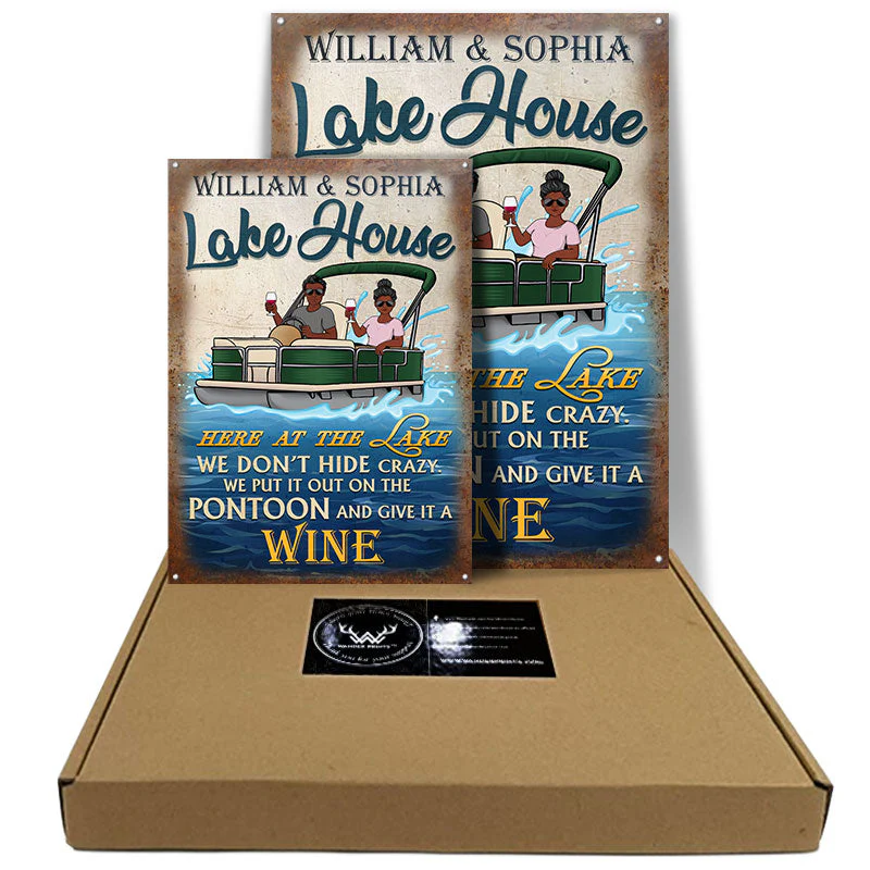 Here At The Lake Pontoon Husband Wife Couple - Lake House Sign - Personalized Custom Classic Metal Signs - Image 3