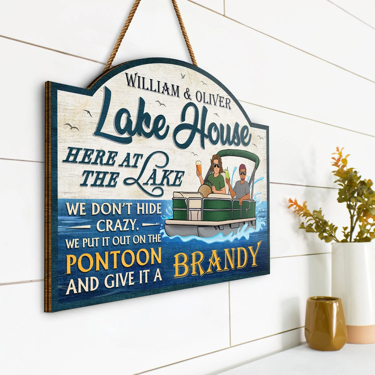 Here At The Lake We Don't Hide Crazy Pontoon - Home Decor, Backyard Decor, Lake House Sign, Gift For Her, Him, Family, Couples, Husband, Wife - Personalized Custom Shaped Wood Sign - Image 2
