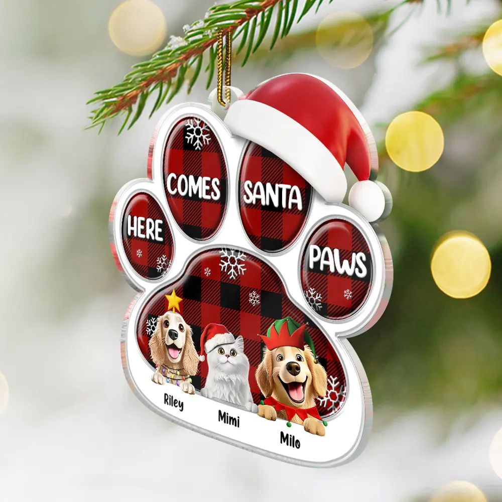 Here Comes Santa Paws 3D Effect Dog Cat - Personalized Custom Shaped Acrylic Ornament - Image 2