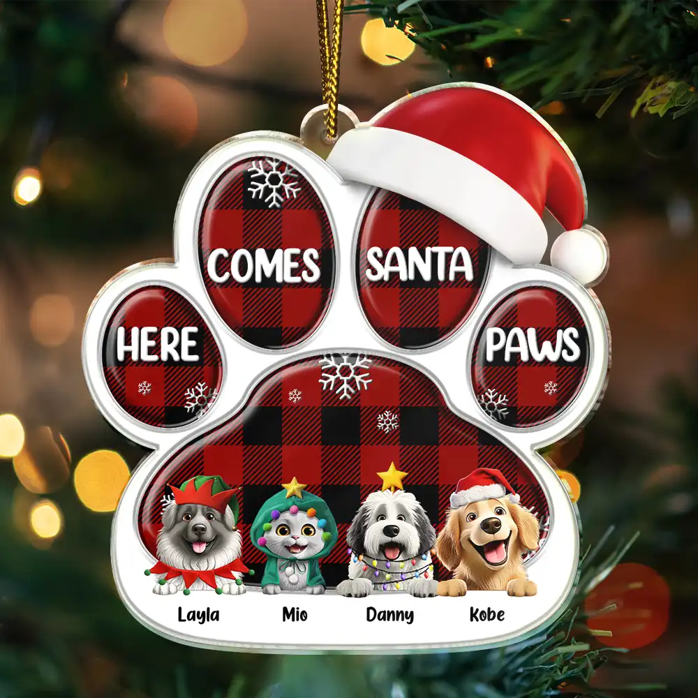 Here Comes Santa Paws 3D Effect Dog Cat - Personalized Custom Shaped Acrylic Ornament - Image 3