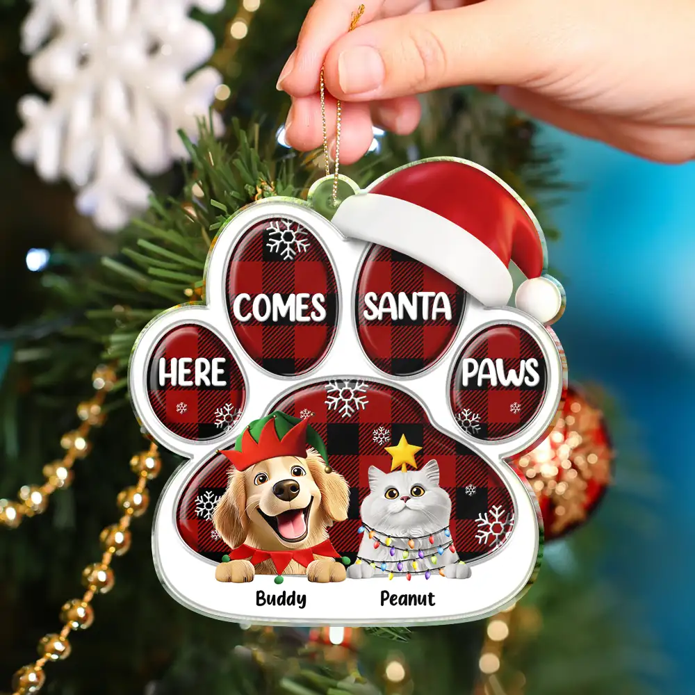 Here Comes Santa Paws 3D Effect Dog Cat - Personalized Custom Shaped Acrylic Ornament - Image 4