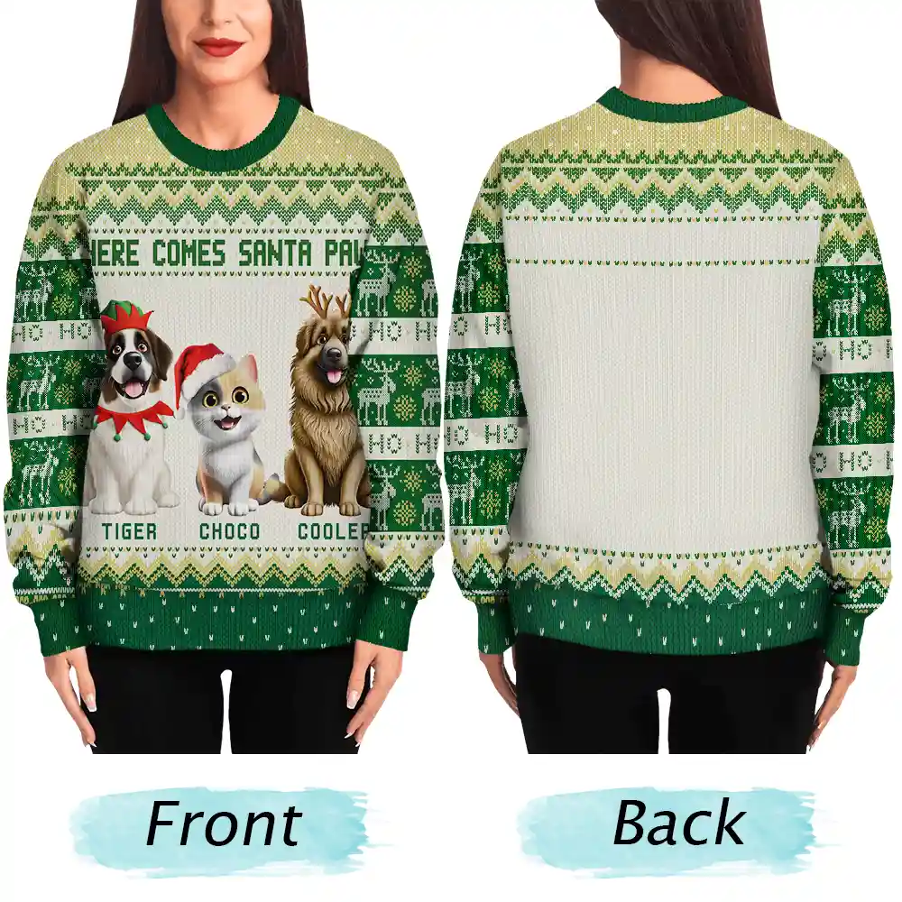 Here Comes Santa Paws 3D Effect Dog Cat - Personalized Unisex Ugly Sweater - Image 5