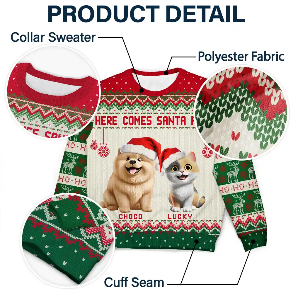 Here Comes Santa Paws 3D Effect Dog Cat - Personalized Unisex Ugly Sweater - Image 6