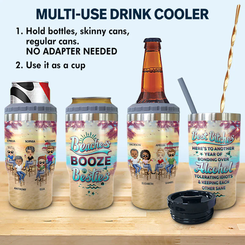 Here's To Another Year Of Bonding Over Alcohol Beach Besties - Gift For Friends - Personalized Custom Triple 3 In 1 Can Cooler - Image 2