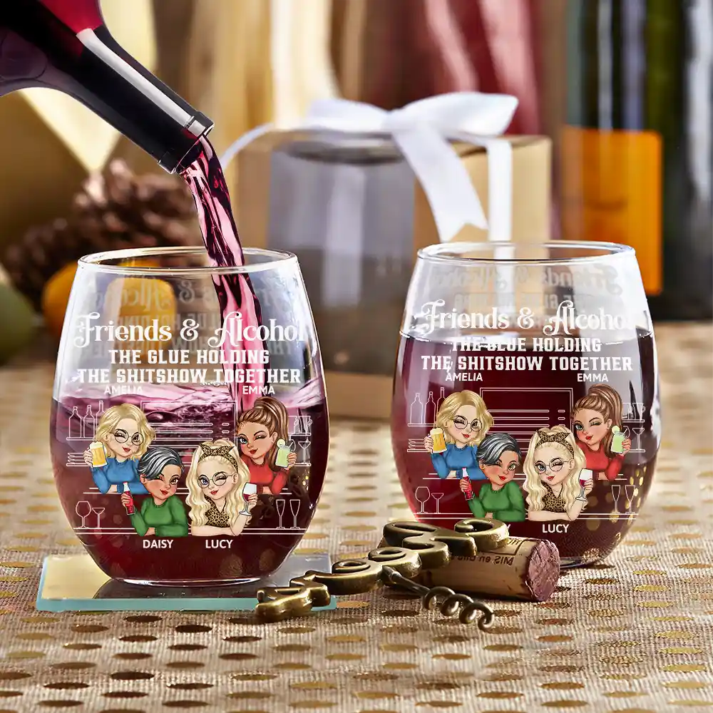 Here's To Another Year Of Bonding Over Alcohol Bestie - Personalized Stemless Wine Glass - Image 3