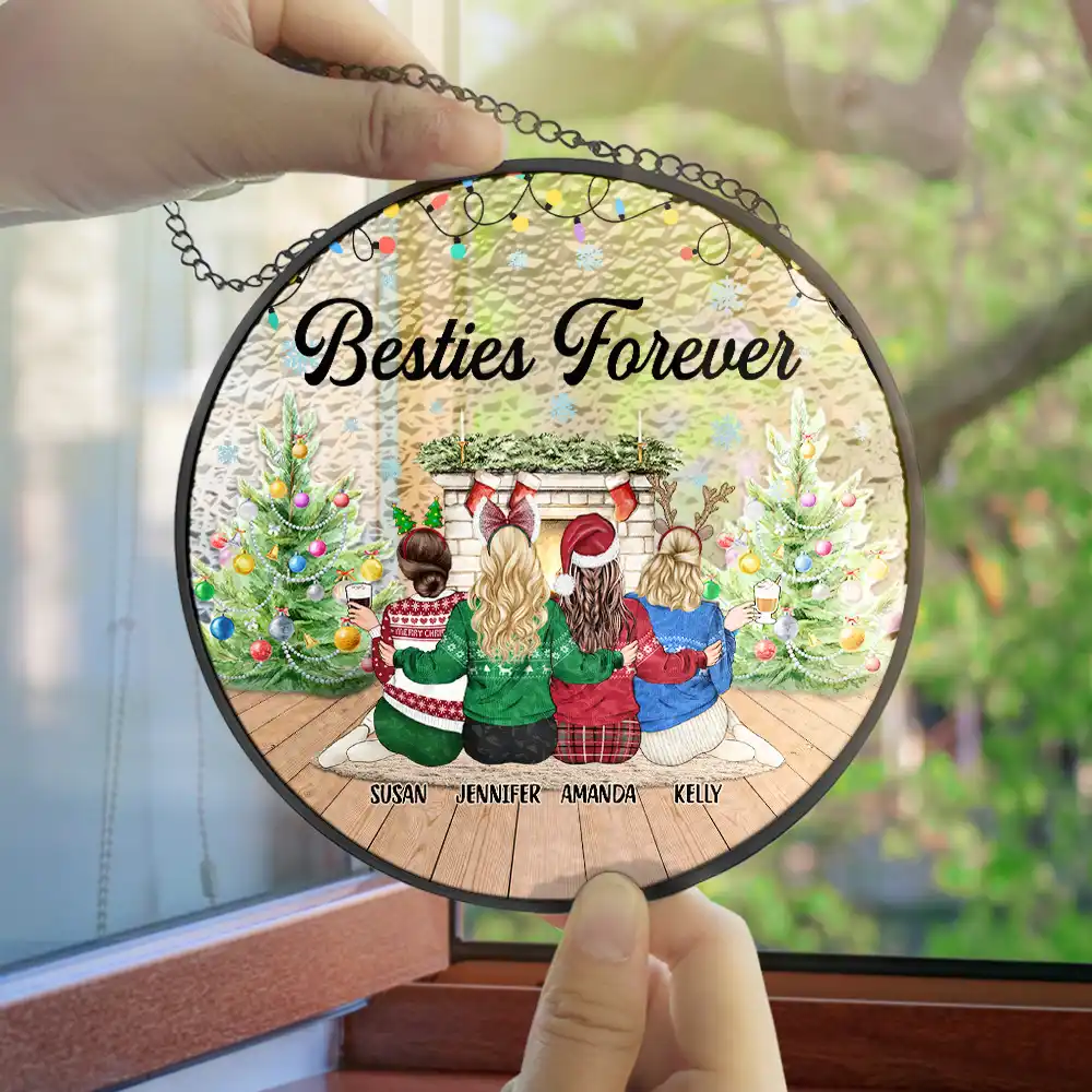 Here's To Another Year Of Bonding Over Alcohol Christmas Best Friends - Personalized Stained Glass Window Hanging Suncatcher - Image 4