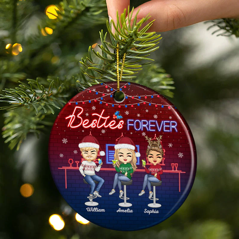 Here's To Another Year Of Bonding Over Alcohol Christmas Blue Best Friends - Bestie BFF Gift - Personalized Custom Circle Ceramic Ornament - Image 2