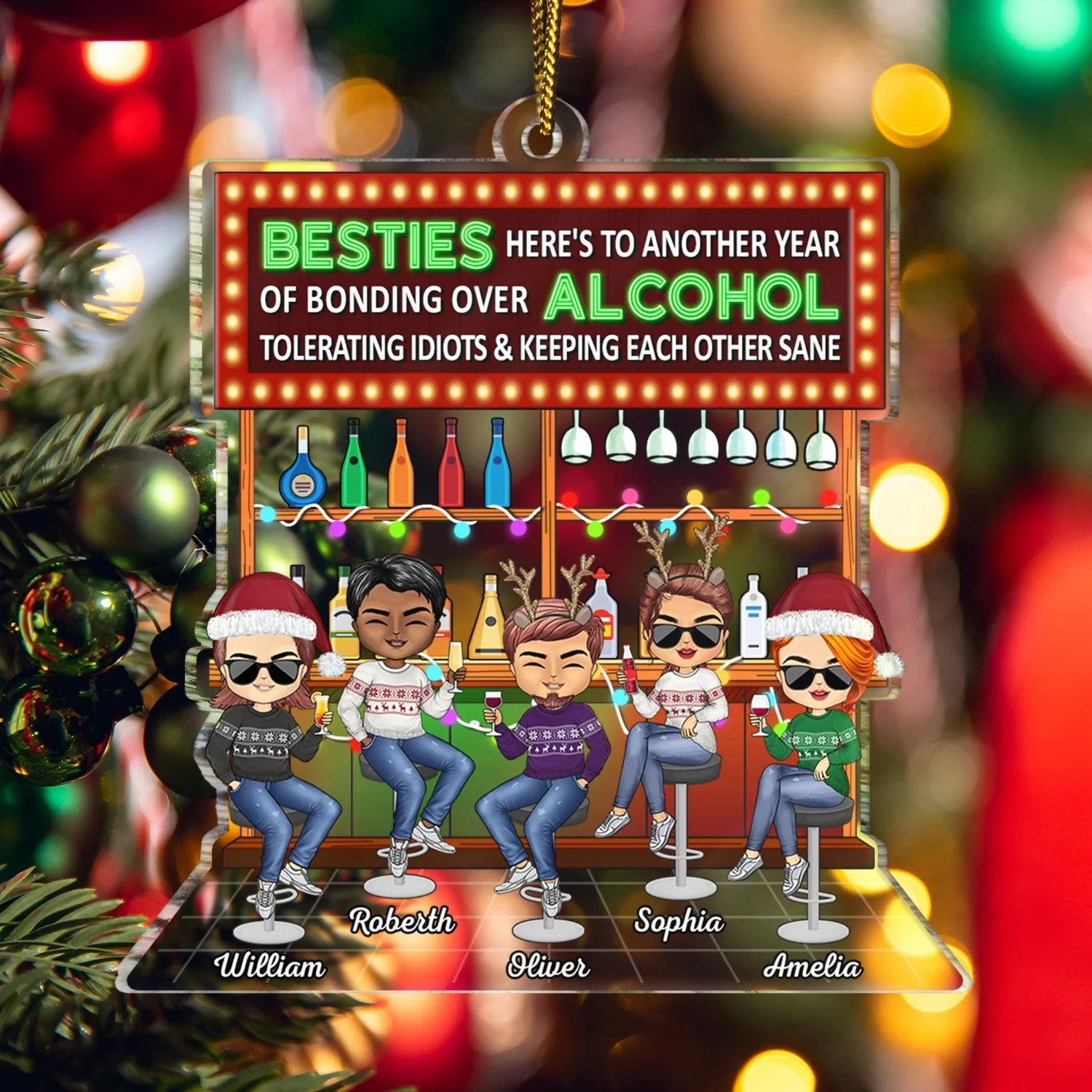 Here's To Another Year Of Bonding Over Alcohol Party Chibi - Christmas Gifts For Besties, Friends - Personalized Cutout Acrylic Ornament - Image 5