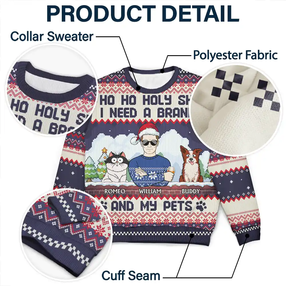 Ho Ho Holy I Need A Beer Funny Cartoon Dog Cat - Personalized Unisex Ugly Sweater - Image 6