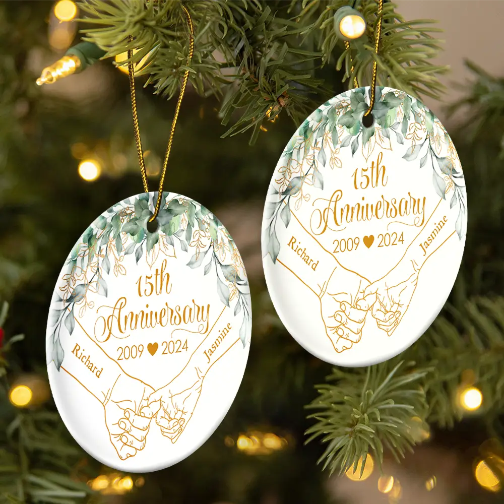 Holding Hands Couples Anniversary - Personalized Circle Ceramic Ornament - Image 2