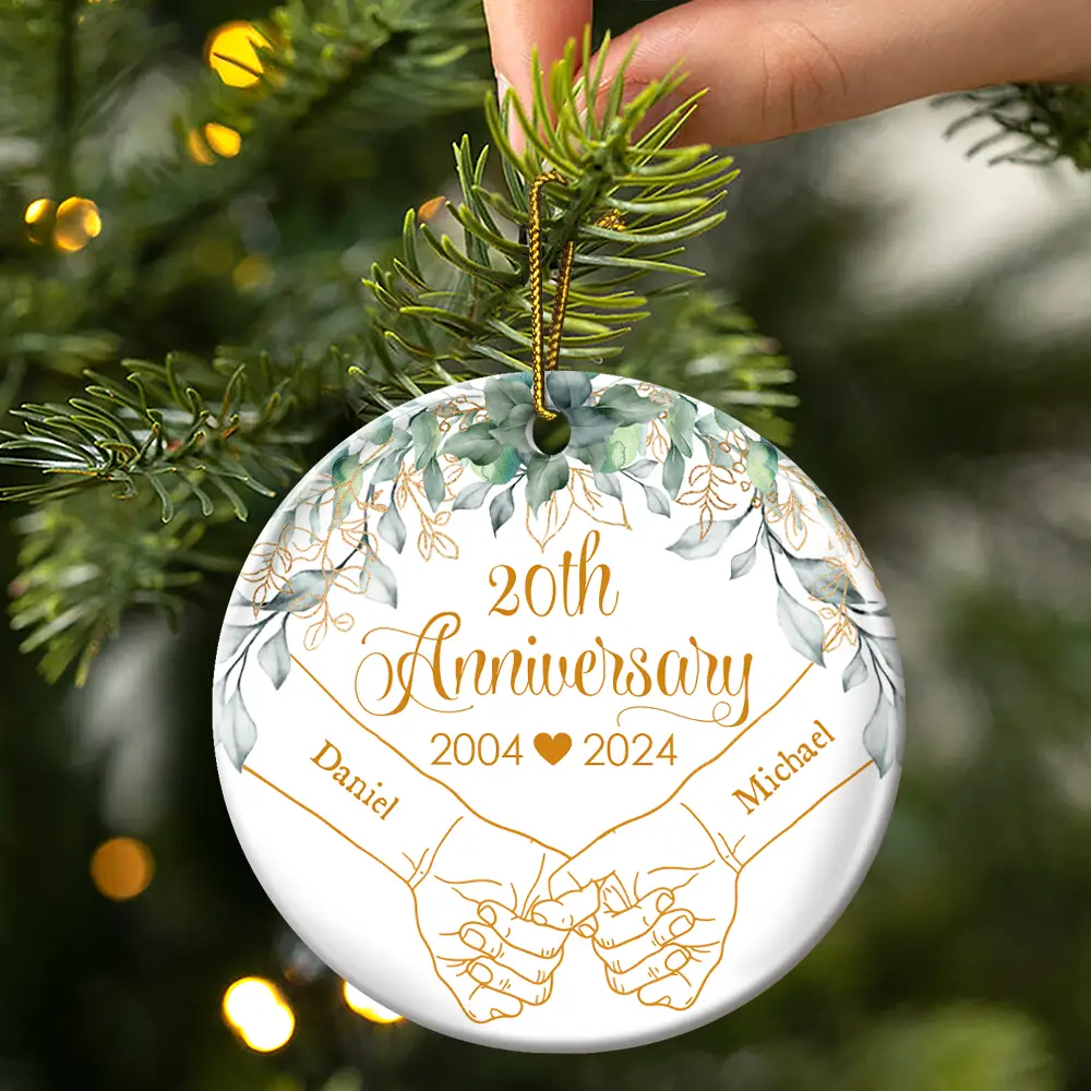 Holding Hands Couples Anniversary - Personalized Circle Ceramic Ornament - Image 3