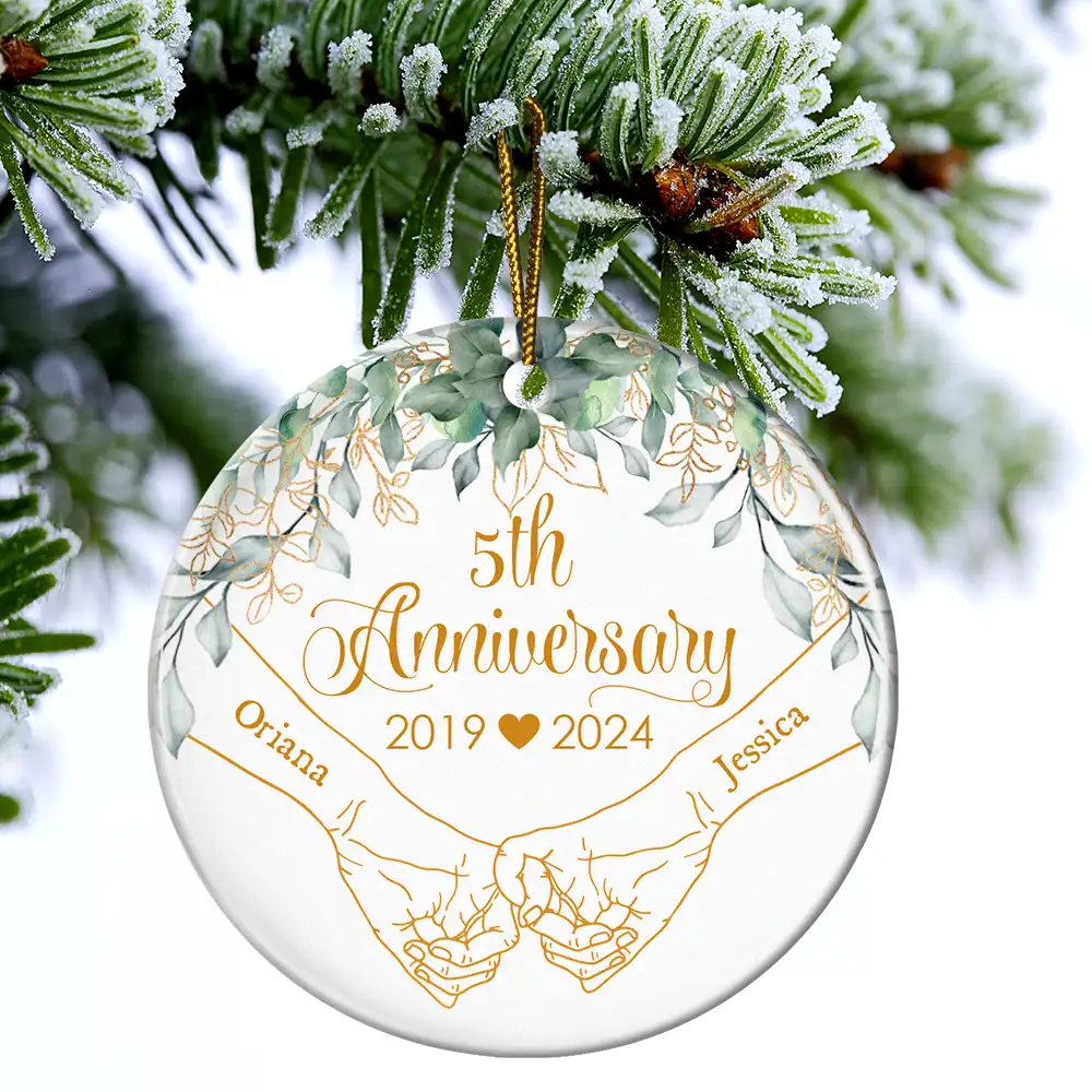 Holding Hands Couples Anniversary - Personalized Circle Ceramic Ornament - Image 4