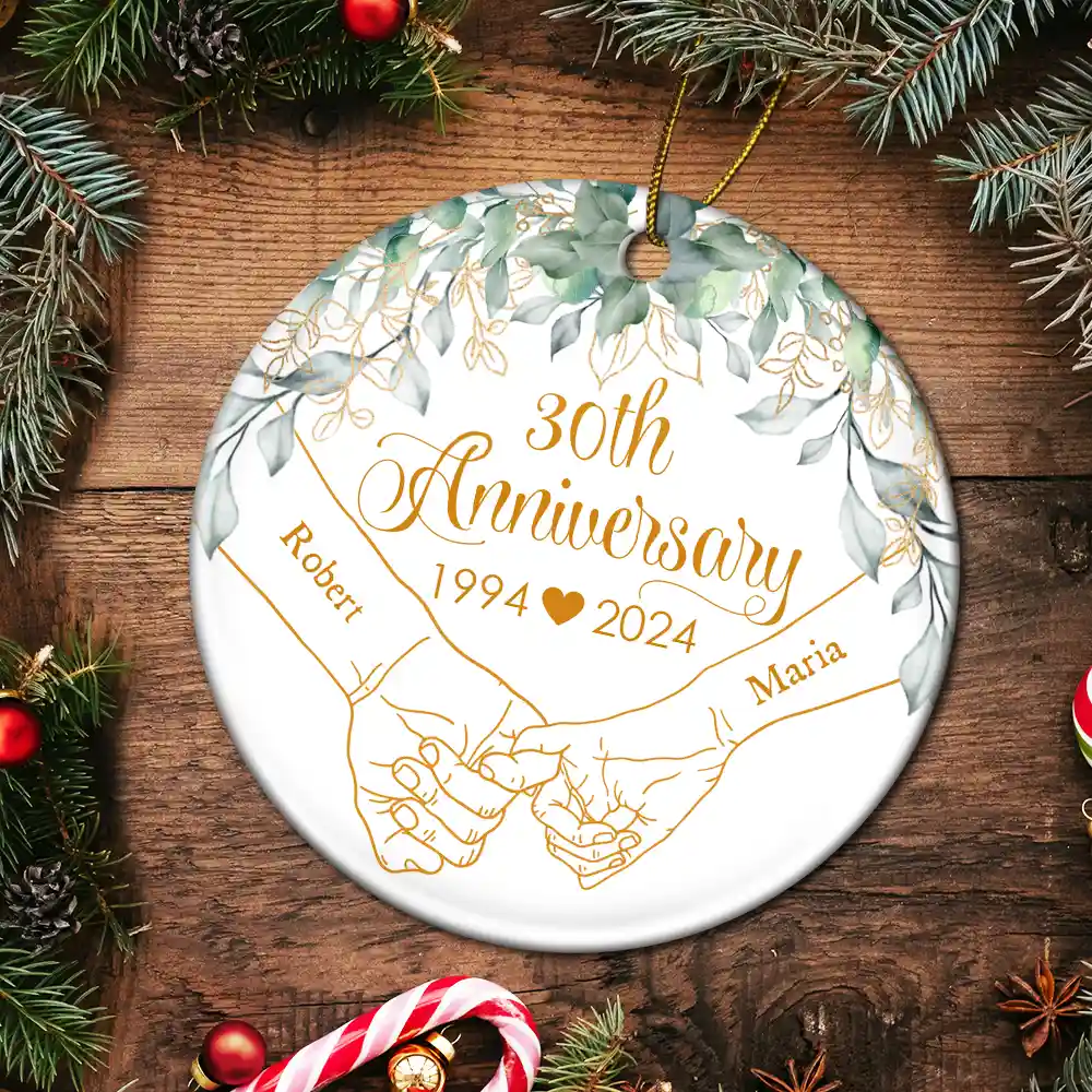 Holding Hands Couples Anniversary - Personalized Circle Ceramic Ornament - Image 5