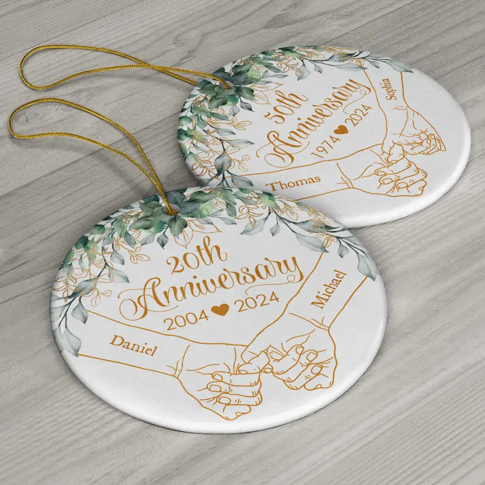 Holding Hands Couples Anniversary - Personalized Circle Ceramic Ornament - Image 6