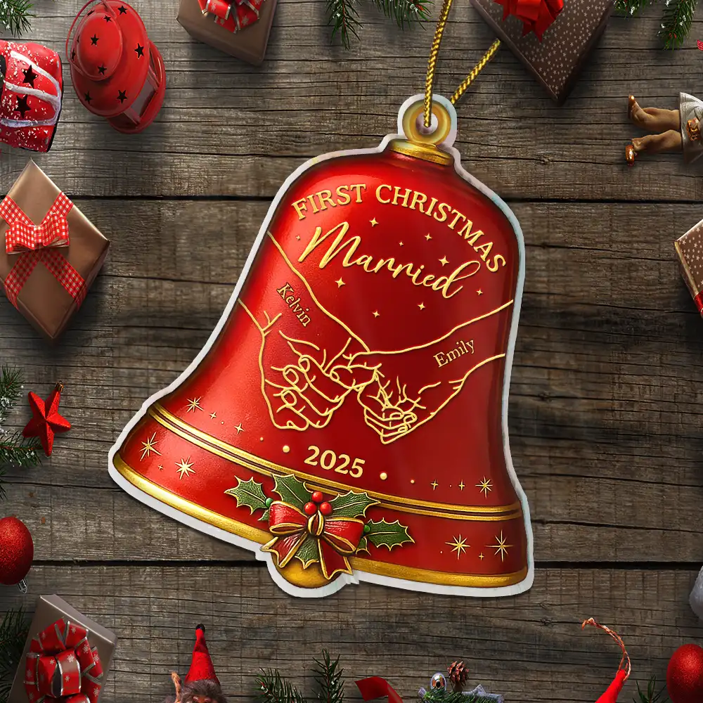 Holding Hands First Christmas Couple Bell - Personalized Custom Shaped Acrylic Ornament - Image 5