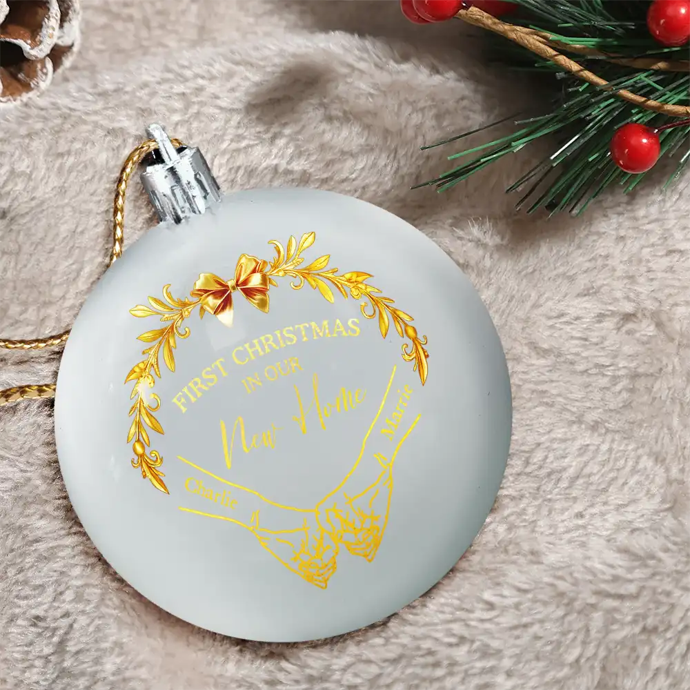 Holding Hands First Christmas Couple - Personalized Ball Ornament - Image 3