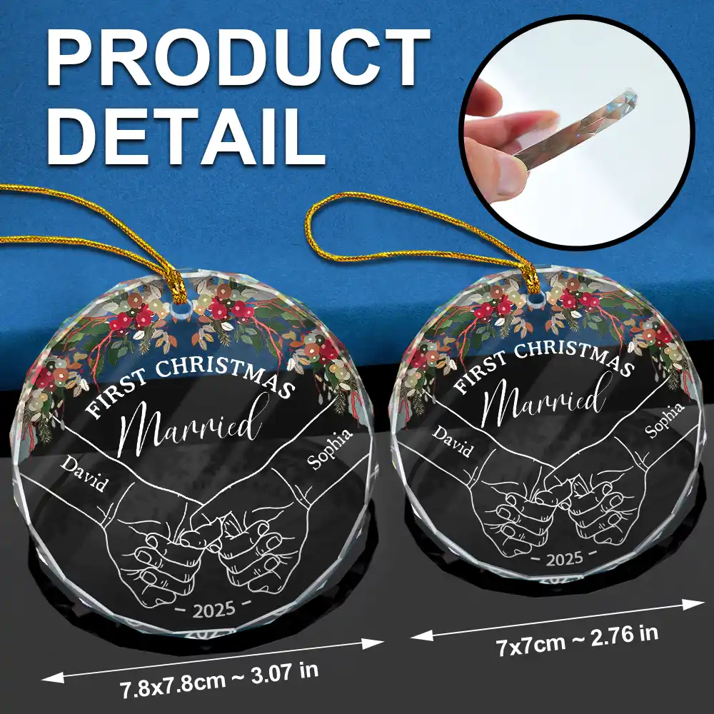 Holding Hands First Christmas Couple - Personalized Circle Glass Ornament - Image 6