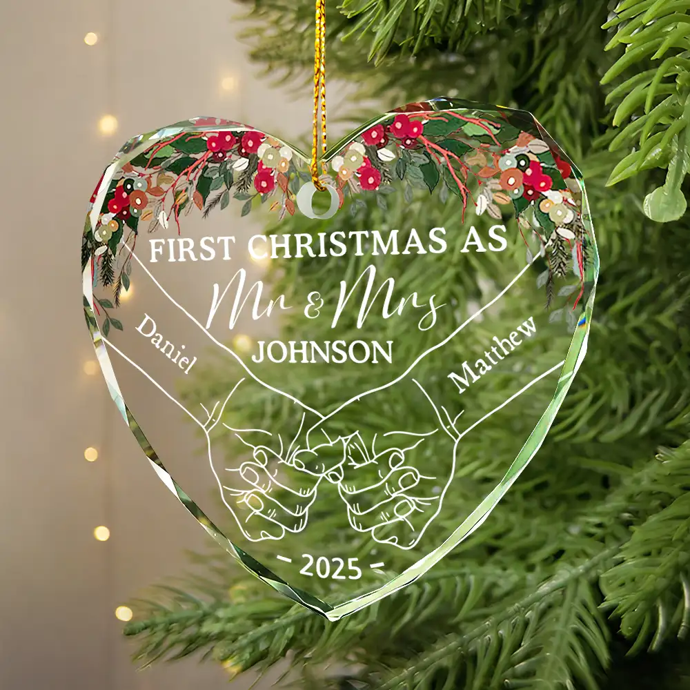 Holding Hands First Christmas Couple - Personalized Heart Shaped Glass Ornament - Image 2