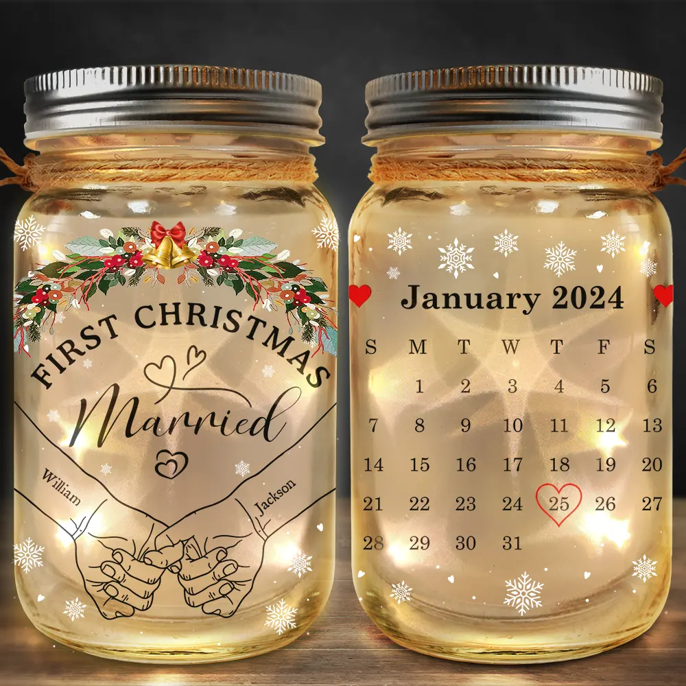Holding Hands First Christmas Couple - Personalized Mason Jar Light - Image 2