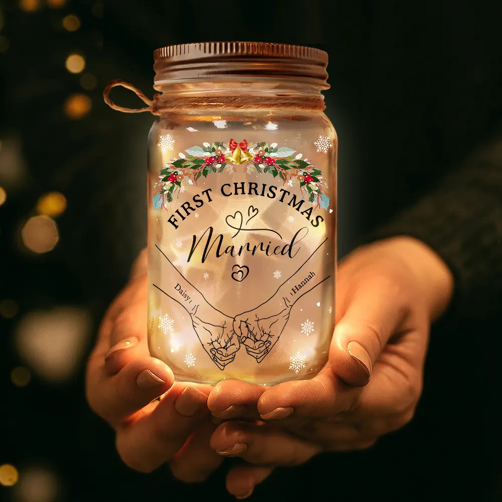 Holding Hands First Christmas Couple - Personalized Mason Jar Light - Image 3