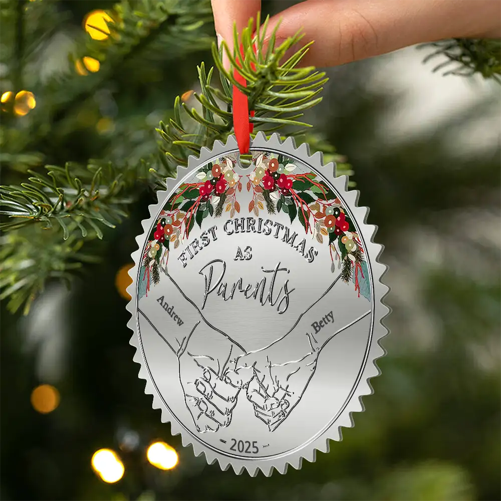 Holding Hands First Christmas Married Couple - Personalized Metal Ornament - Image 2