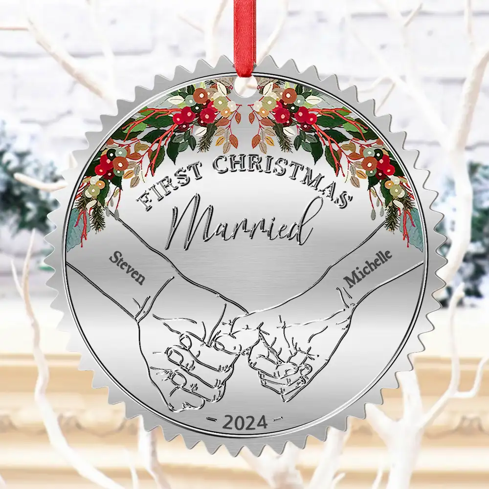 Holding Hands First Christmas Married Couple - Personalized Metal Ornament - Image 4