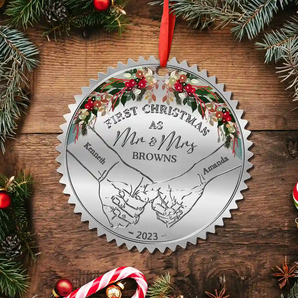Holding Hands First Christmas Married Couple - Personalized Metal Ornament - Image 5