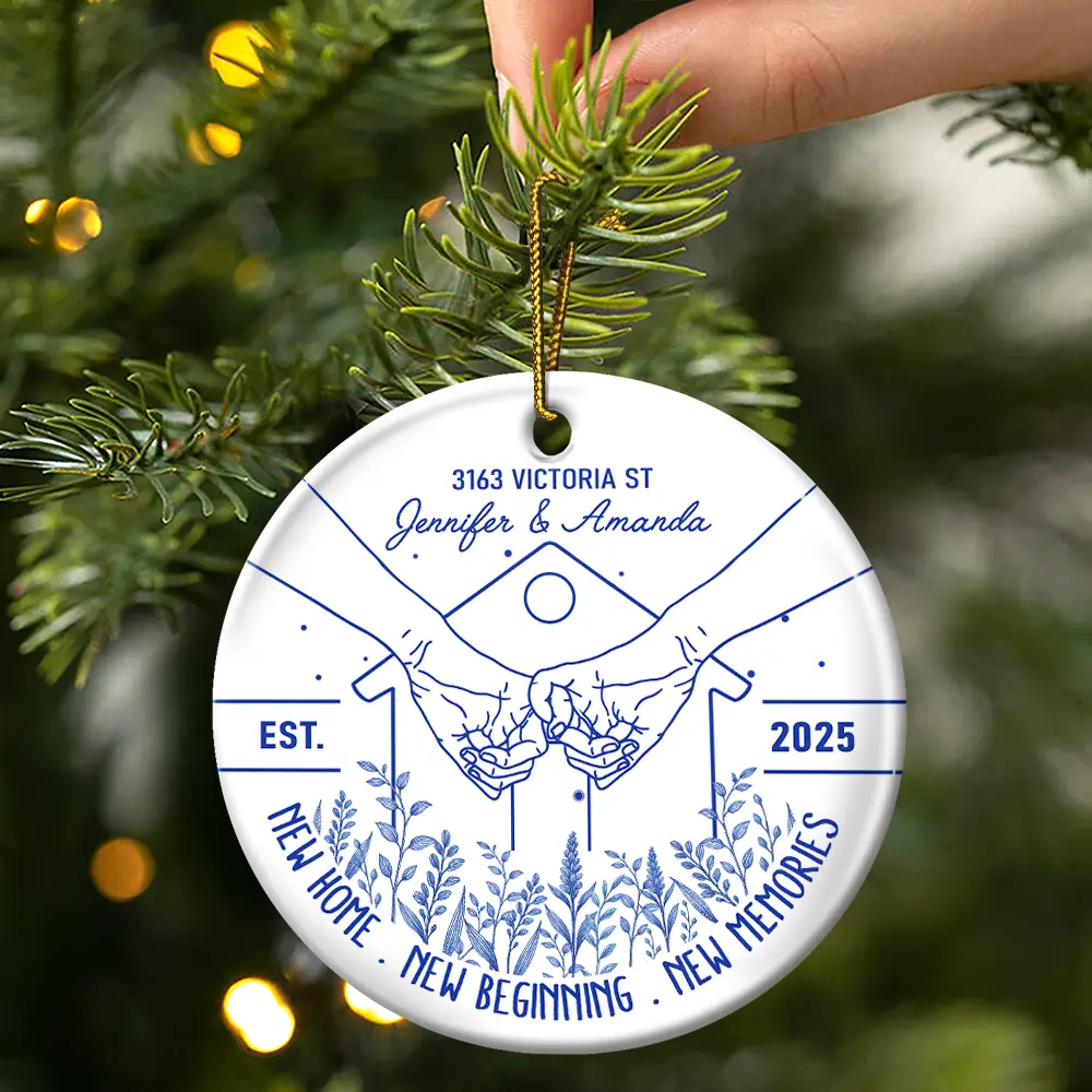 Holding Hands New Home New Beginning - Personalized Circle Ceramic Ornament - Image 3