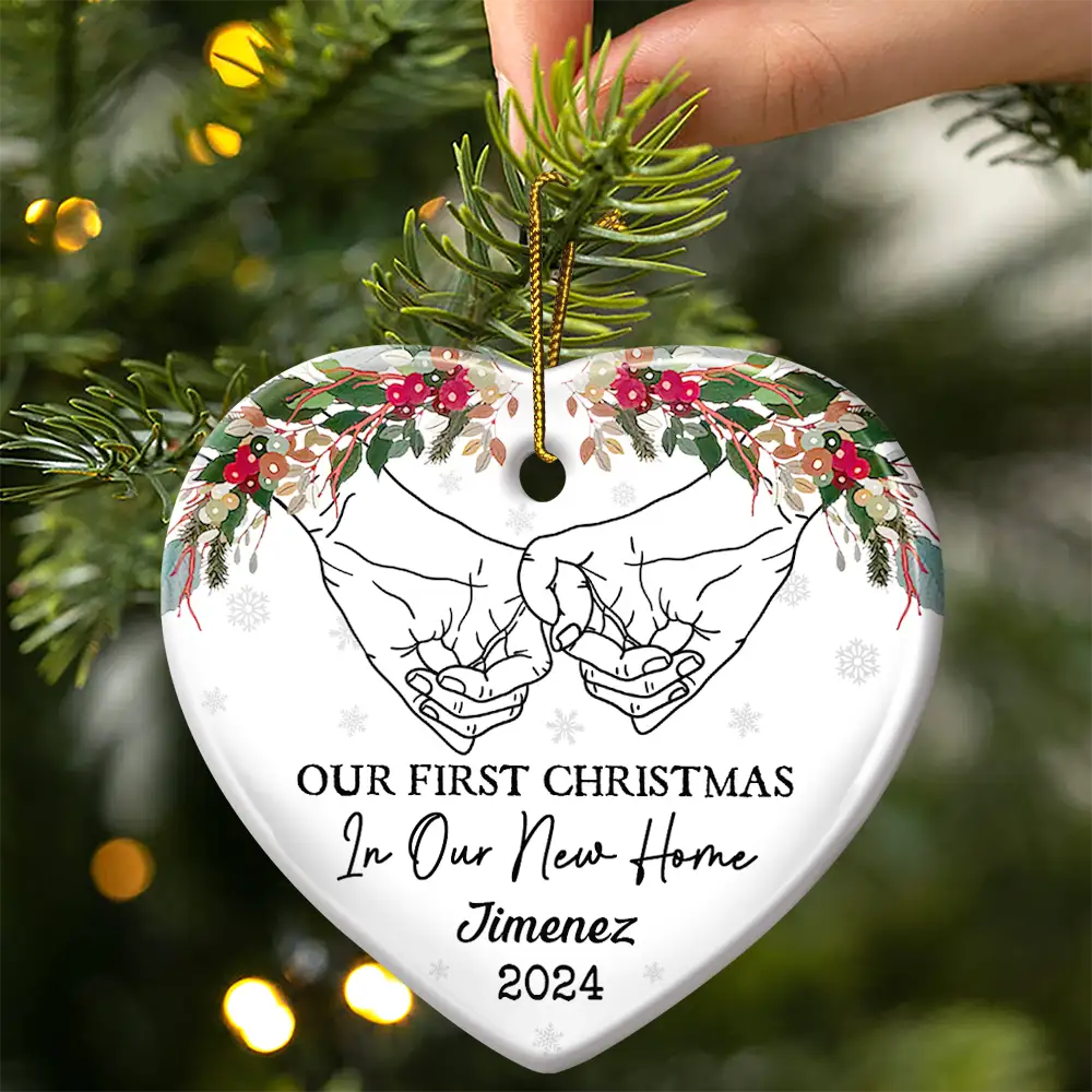 Holding Hands Our First Christmas - Personalized Heart Ceramic Ornament - Image 3