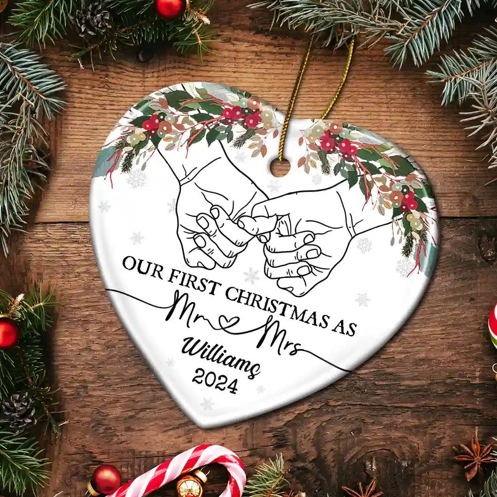 Holding Hands Our First Christmas - Personalized Heart Ceramic Ornament - Image 5