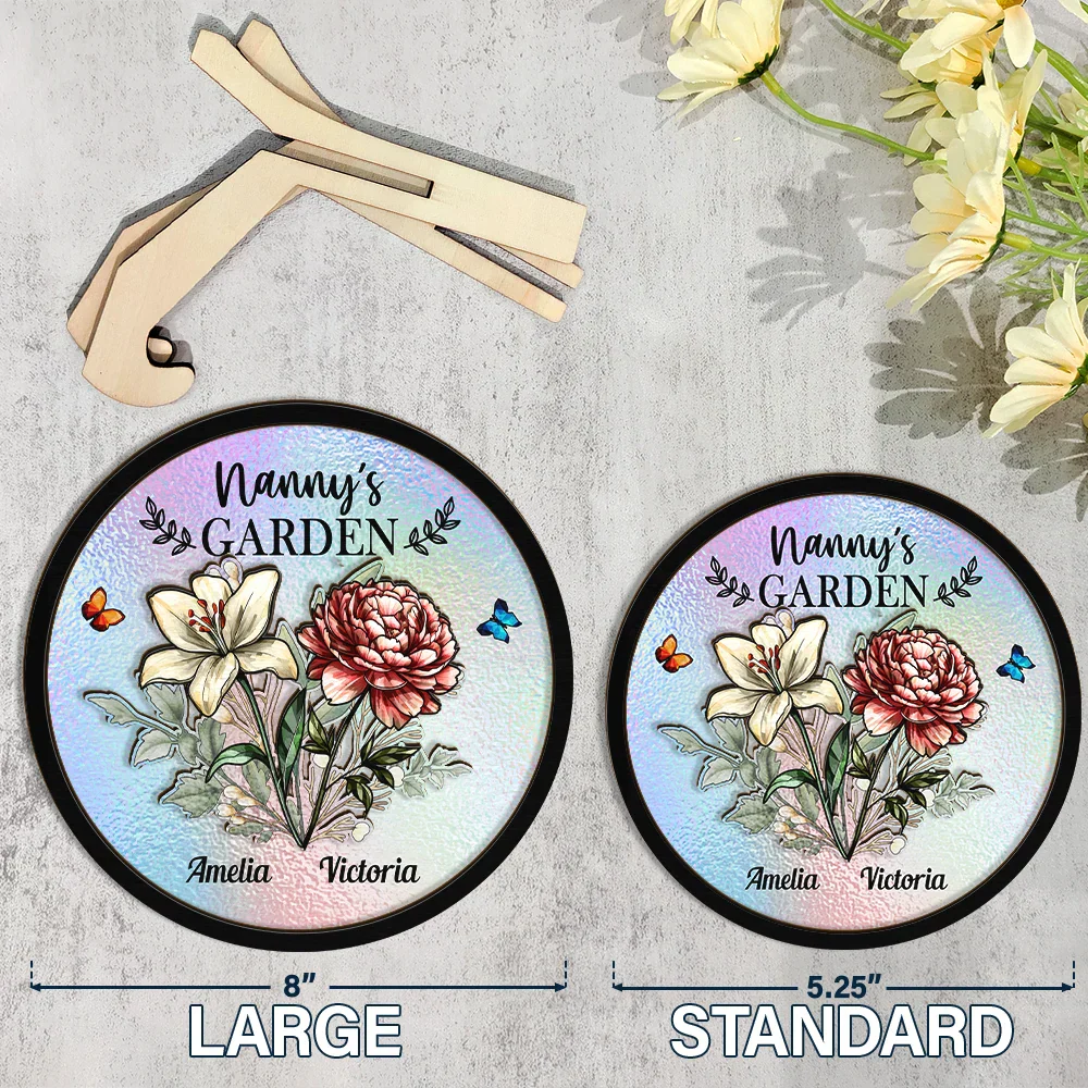 Holography Grandma's Garden Birth Flower - Personalized 2-Layered Wooden Plaque With Stand - Image 4
