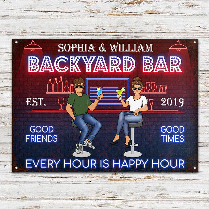 Home Bar Every Hour Is Happy Hour Husband Wife - Couple Gift - Personalized Custom Classic Metal Signs - Image 2