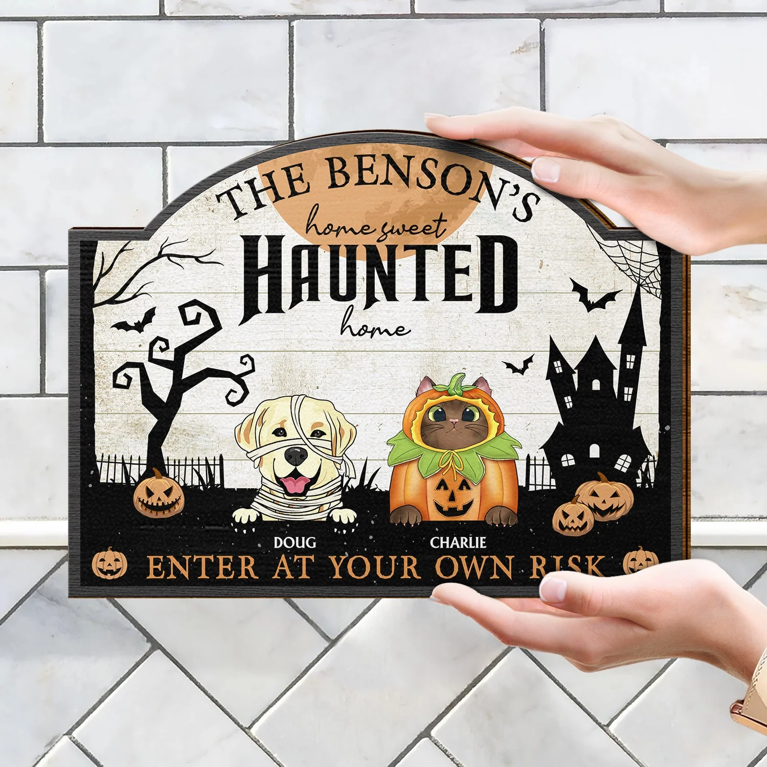 Home Haunted Home Enter At Your Own Risk - Halloween, Birthday, Home Warming, Funny Gift For Dog Lovers, Cat Lovers - Personalized Custom Shaped Wood Sign - Image 4
