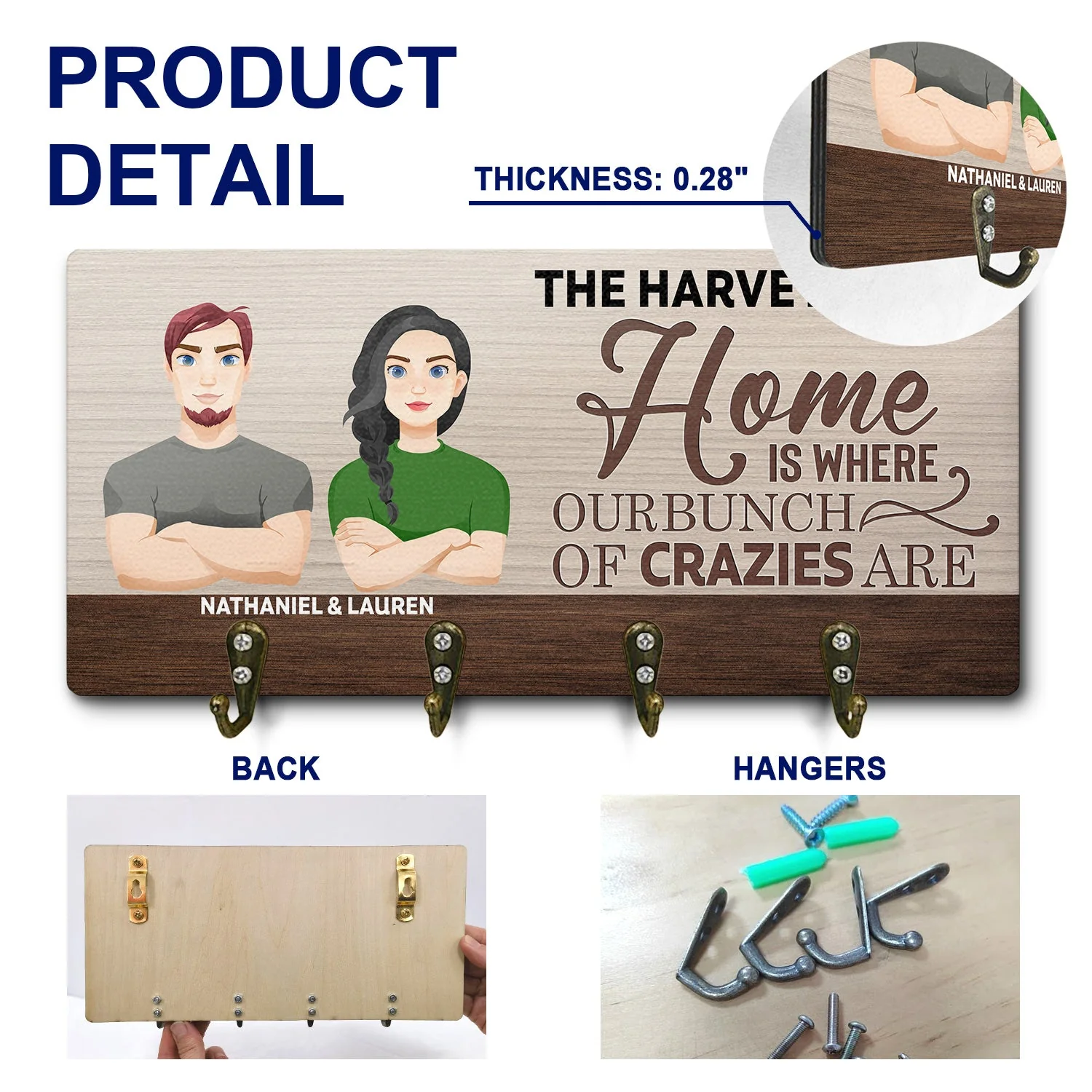Home Is Where Our Bunch Of Crazies Are - Birthday, Decor, Housewarming, Anniversary, Funny Gift For Couple, Parents, Family - Personalized Wood Key Holder - Image 5