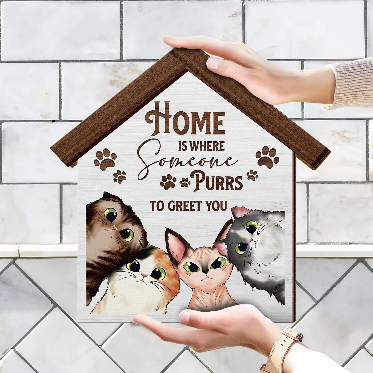 Home Is Where Someone Purrs To Greet You - Birthday, Decor Gift For Cat Lovers, Cat Moms, Cat Dads, Pet Lovers - Personalized Custom Shaped Wood Sign - Image 4