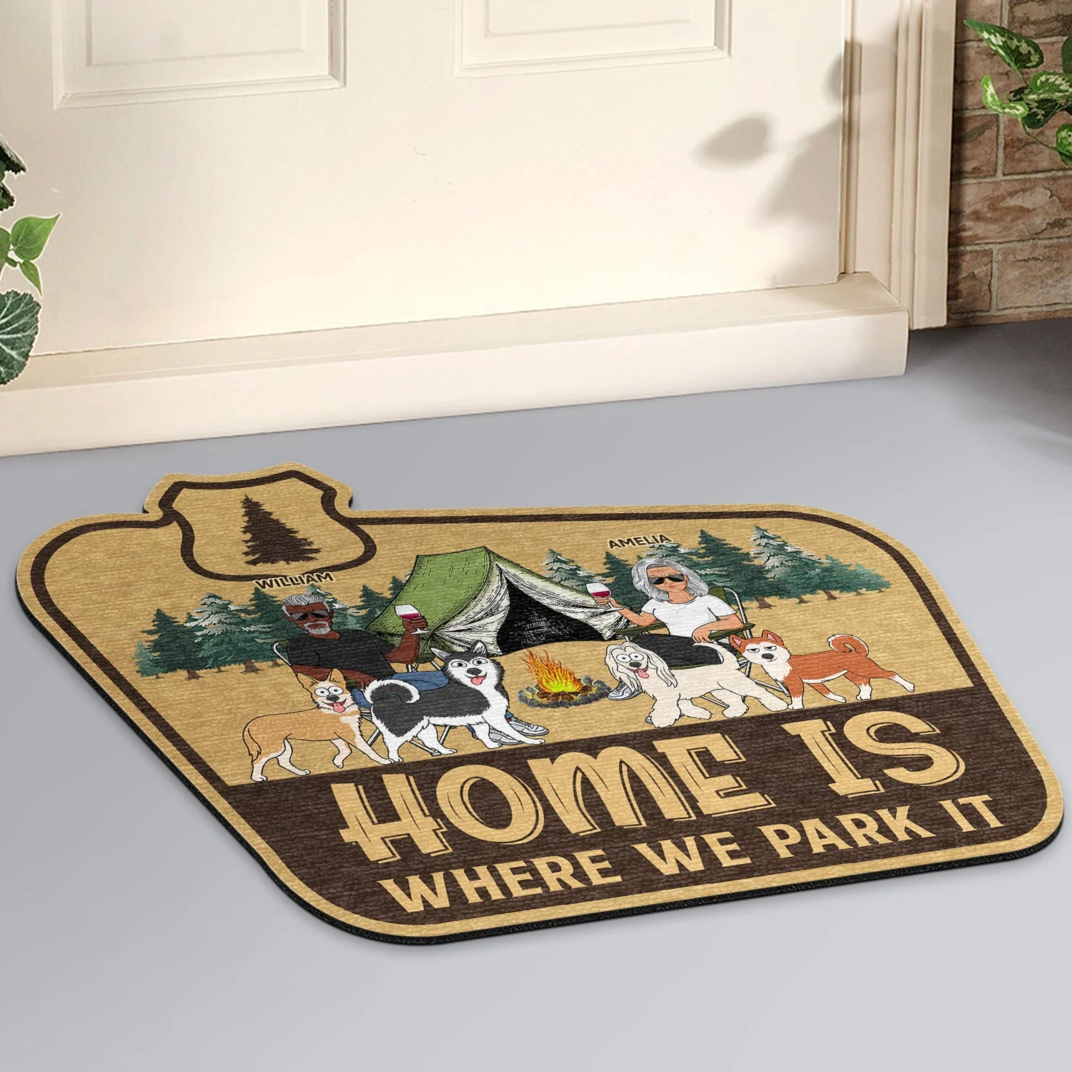 Home Is Where We Park It - Gift For Camping Lovers, Dog Lovers, Cat Lovers, Family - Personalized Custom Shaped Doormat - Image 2