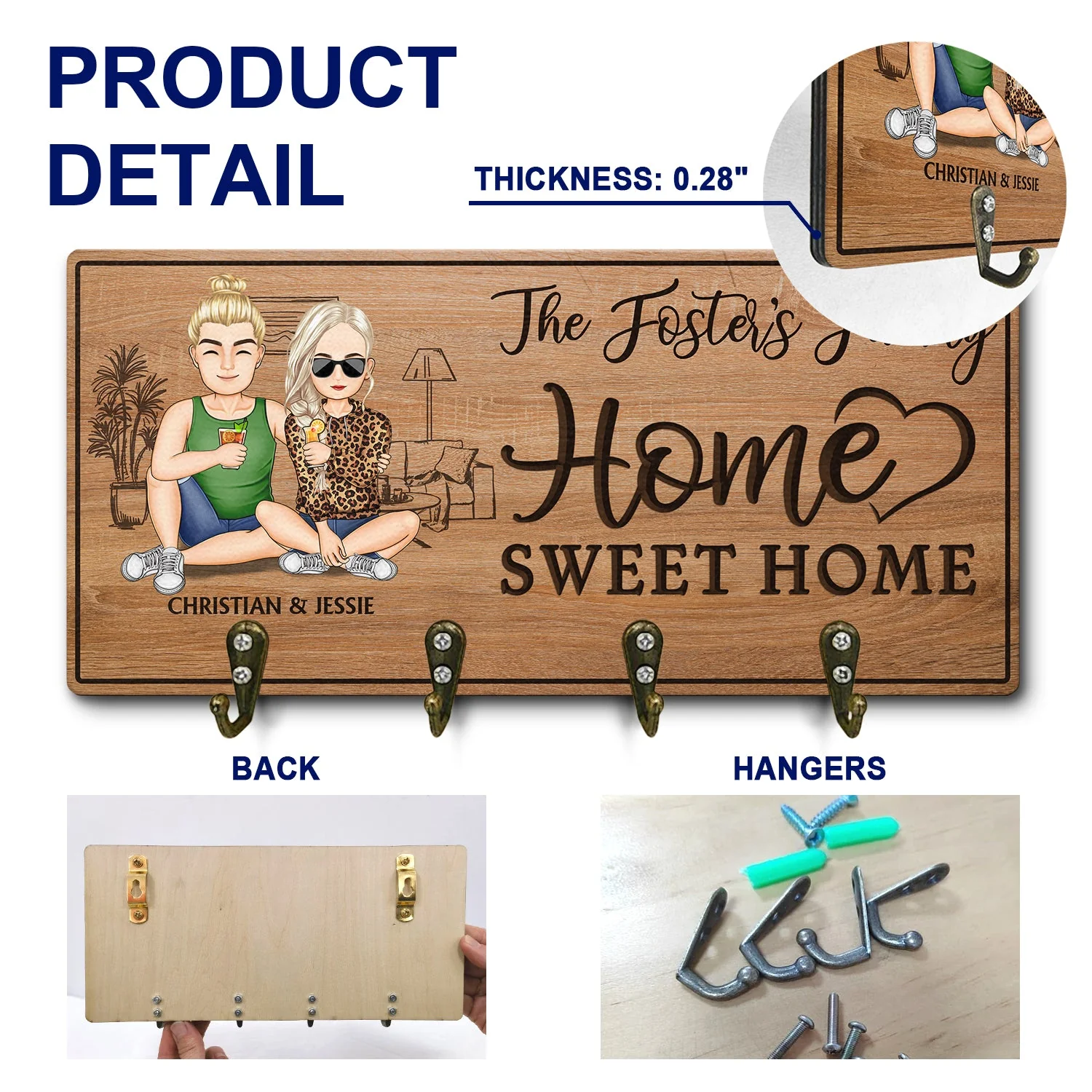 Home Sweet Home Family - Anniversary, Home Decor Gift For Spouse, Lover, Husband, Wife, Boyfriend, Girlfriend, Couple - Personalized Custom Wood Key Holder - Image 5