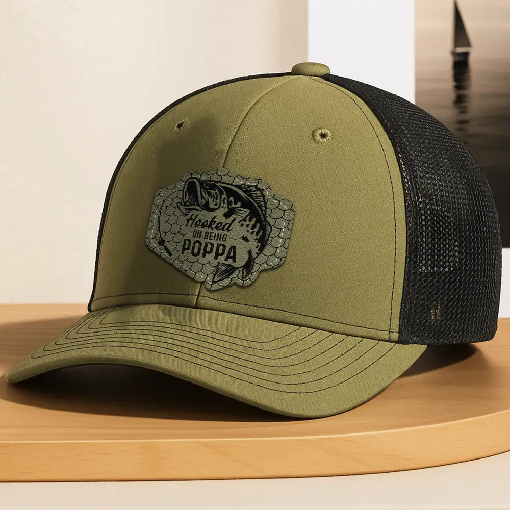 Hooked On Being Grandpa Dad Fishing - Personalized Leather Patch Hat - Image 4