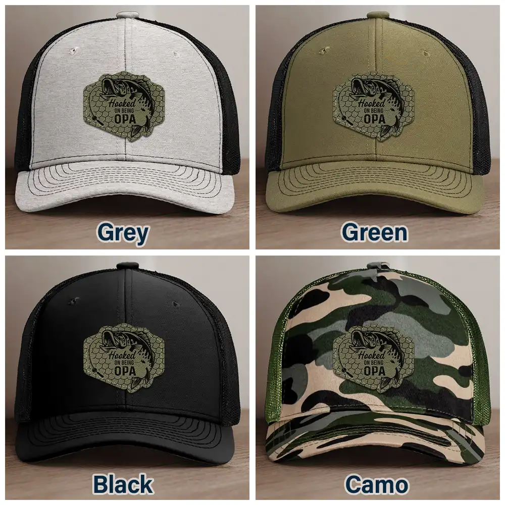 Hooked On Being Grandpa Dad Fishing - Personalized Leather Patch Hat - Image 6