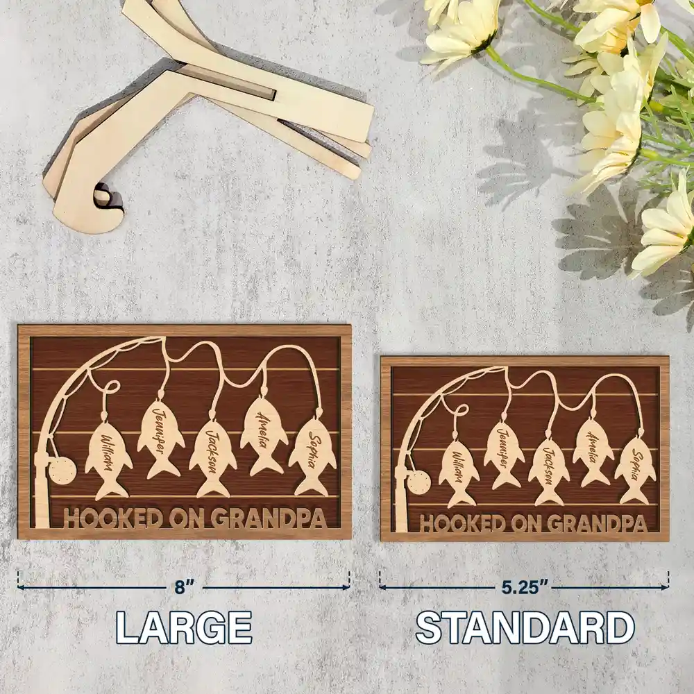 Hooked On Dad Grandpa - Gift For Father, Grandfather - Personalized 2-Layered Wooden Plaque With Stand - Image 4