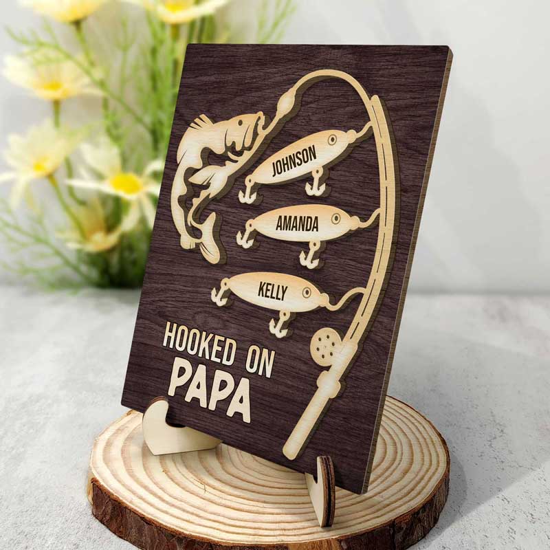 Hooked On Grandpa - Personalized 2-Layered Wooden Plaque With Stand - Image 2