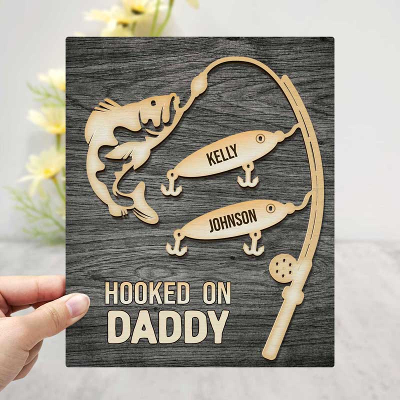 Hooked On Grandpa - Personalized 2-Layered Wooden Plaque With Stand - Image 3