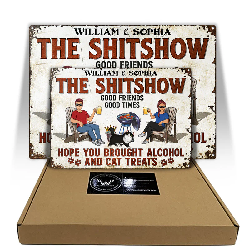 Hope You Brought Alcohol And Cat Treats Couple Husband Wife Cat Lovers - Backyard Sign - Personalized Custom Classic Metal Signs - Image 3