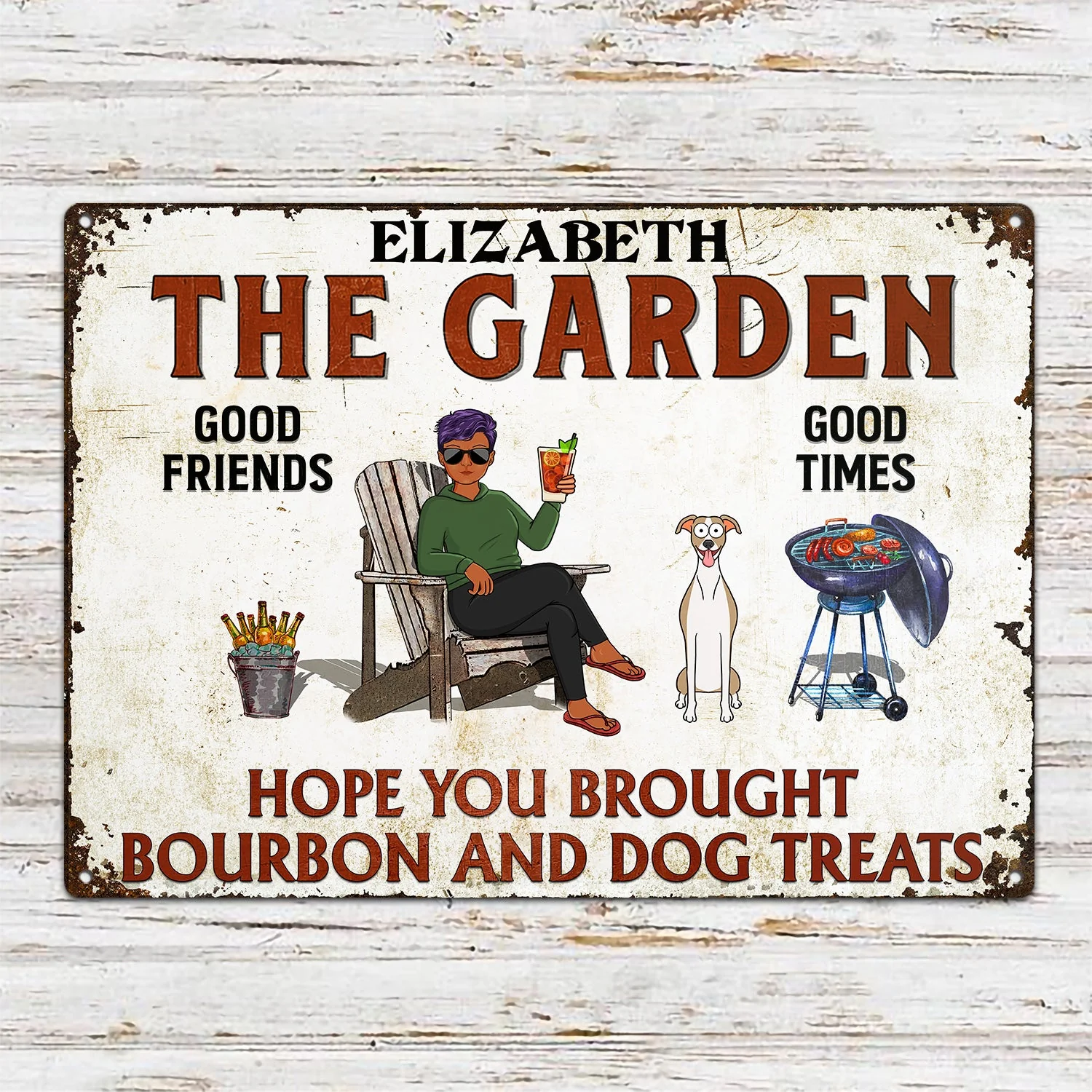 Hope You Brought Alcohol And Dog Treats Couples Funny Cartoon Dog - Backyard Sign - Personalized Classic Metal Signs - Image 2