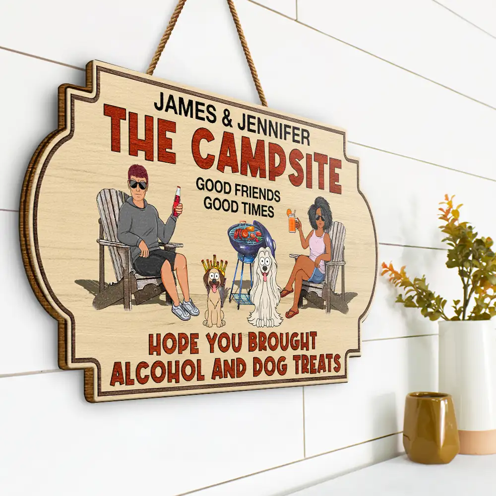 Hope You Brought Alcohol And Dog Treats Couples Funny Cartoon Dog - Personalized Custom Shaped Wood Sign - Image 2