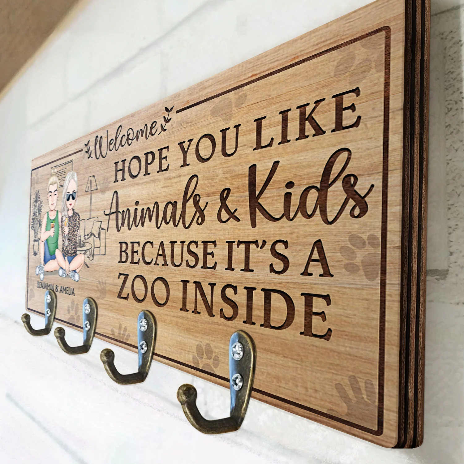 Hope You Like Animals And Kids - Anniversary, Birthday, Home Decor Gift For Spouse, Lover, Husband, Wife, Boyfriend, Girlfriend, Couple - Personalized Custom Wood Key Holder - Image 3
